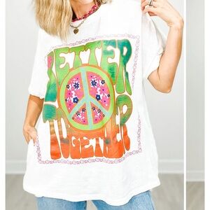 Graphic White Tee with Peace Sign